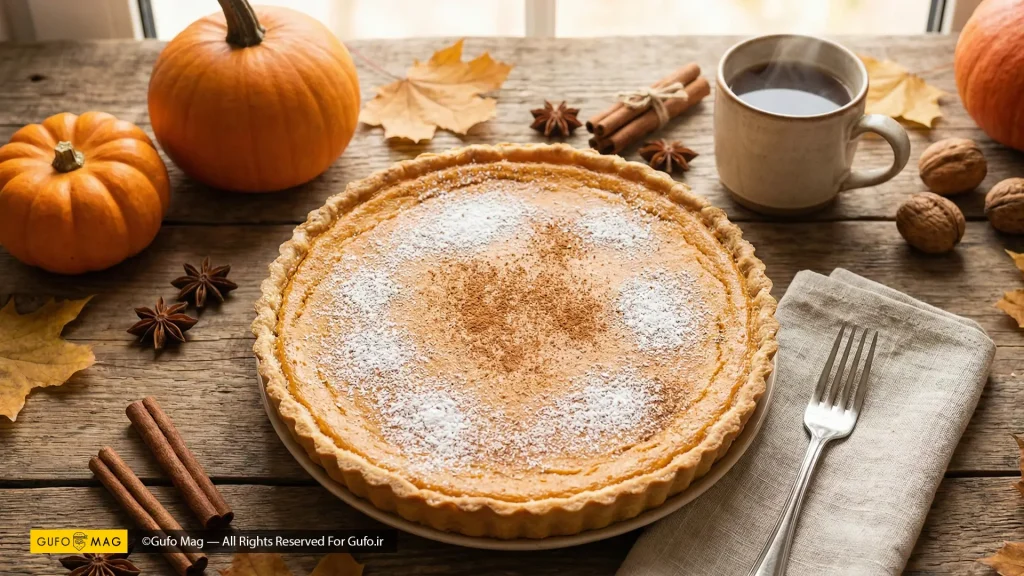 تارت کدو حلوایی تزیینشده با پودر قند در چیدمان پاییزی