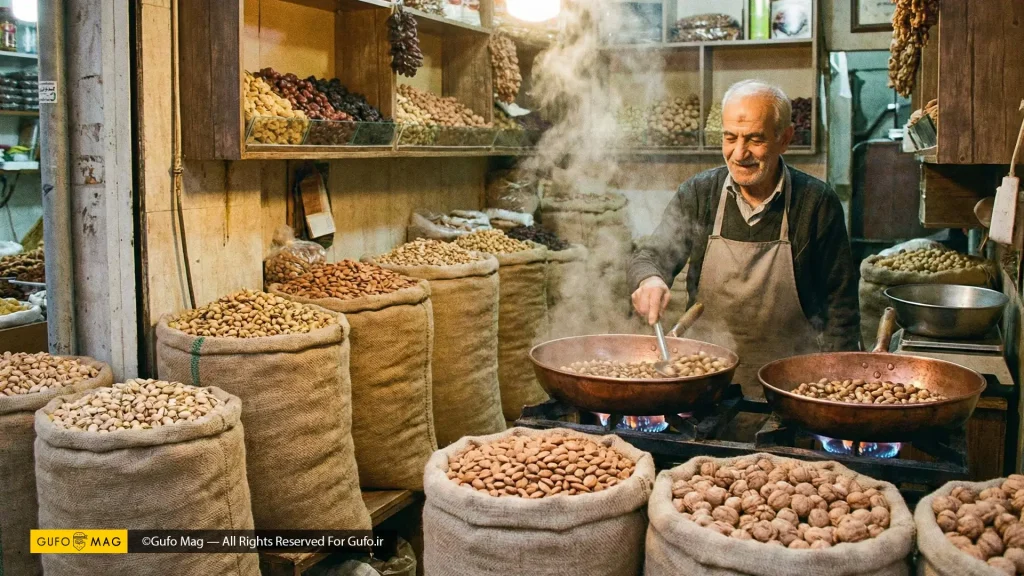 تفت دادن پسته و بادام در تابه مسی بزرگ