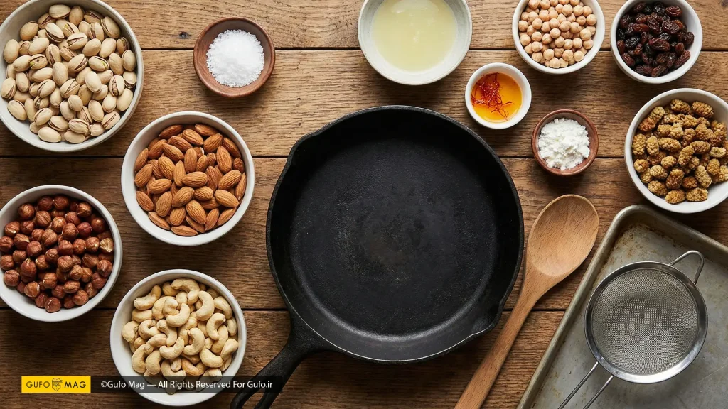 مواد اولیه شامل انواع مغزها، کشمش، ادویهها و ابزار لازم