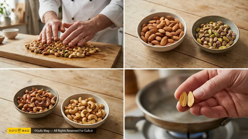 نکات و فوتوفن تفت دادن آجیل شامل براق کردن آجیل با روغن، جداسازی بر اساس سایز، کنترل رنگ بادام هندی و تست مغزپخت شدن بادام