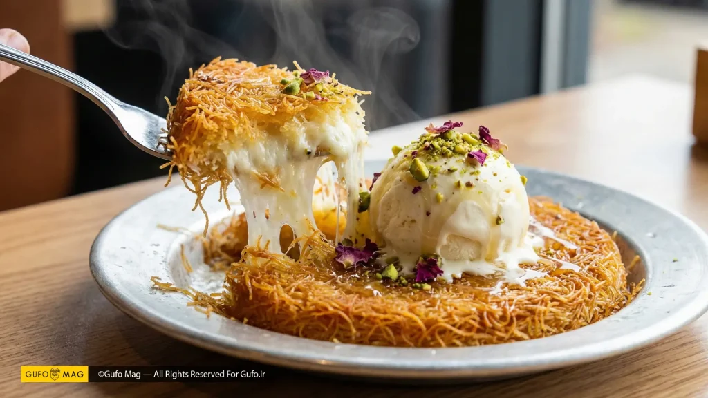 کنافه داغ با پنیر کشسان و بستنی وانیلی در حال سرو