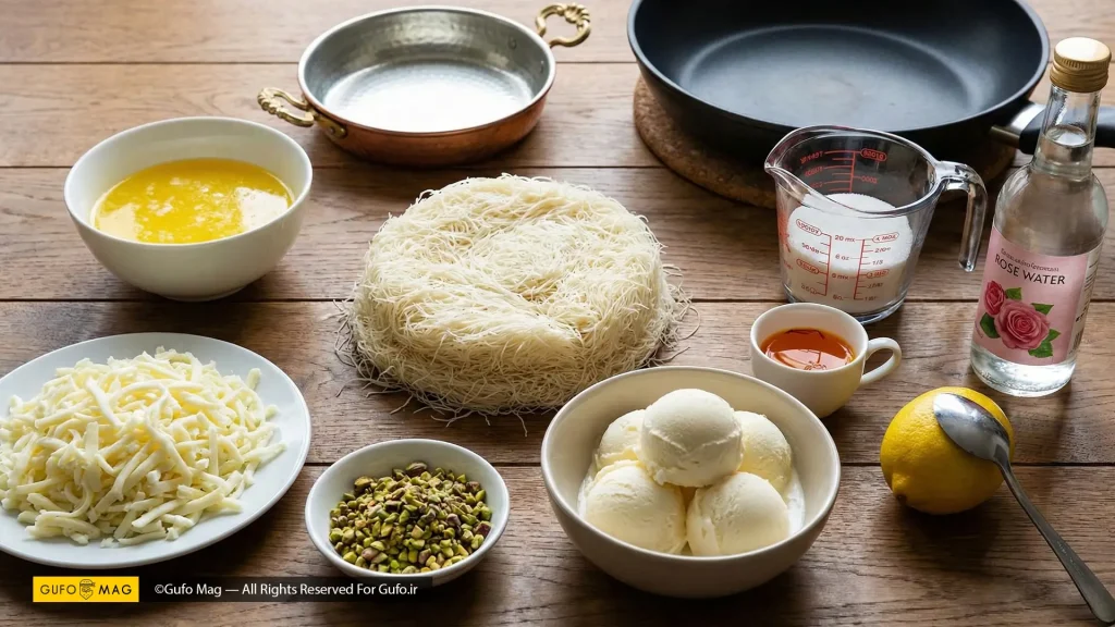 مواد اولیه و تجهیزات لازم برای تهیه کنافه با بستنی