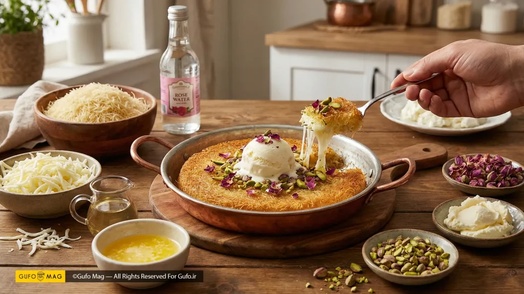 کنافه آماده سرو با بستنی همراه مواد لازم برای تهیه این دسر