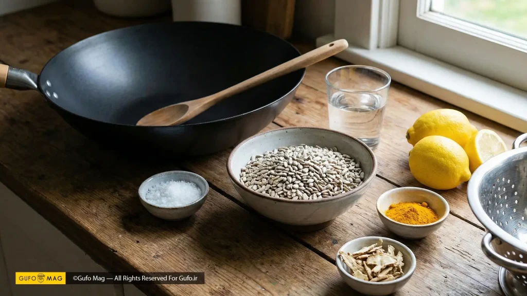 مواد اولیه بو دادن تخمه شامل تخمه خام، لیمو ترش تازه و نمک