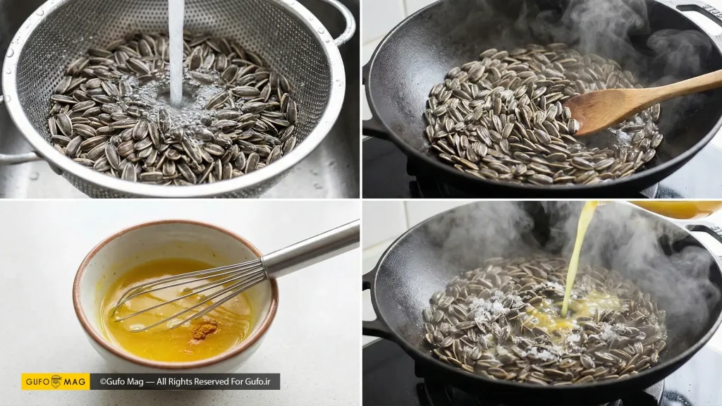 مراحل تفت دادن و اضافه کردن چاشنی آبلیمو به تخمههای داغ