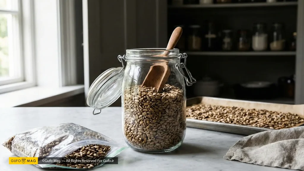 نگهداری اصولی تخمه آفتابگردان بو داده در ظرف خشک و خنک