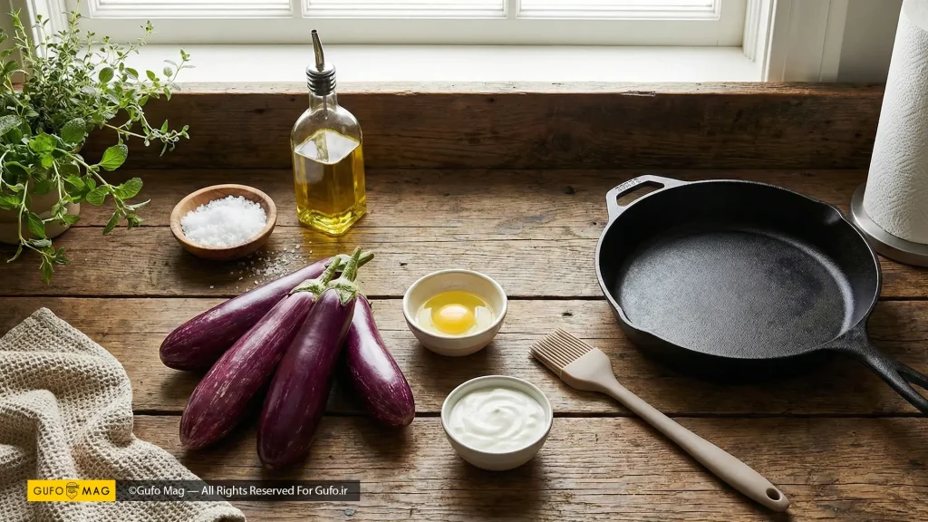 مواد و تجهیزات لازم برای تهیه بادمجان سرخشده رژیمی