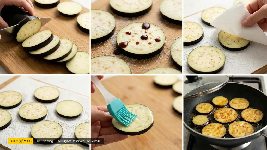 مراحل گامبهگام آمادهسازی و سرخ کردن بادمجان با کمترین روغن