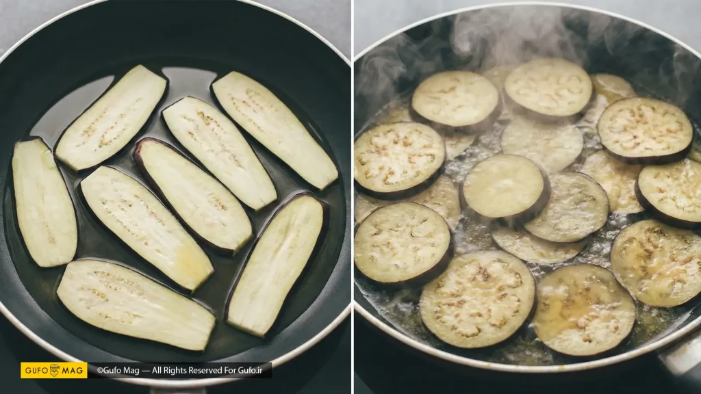 مقایسه دو اشتباه رایج شامل جذب روغن سرد توسط بادمجان و بخارپز شدن در تابه شلوغ
