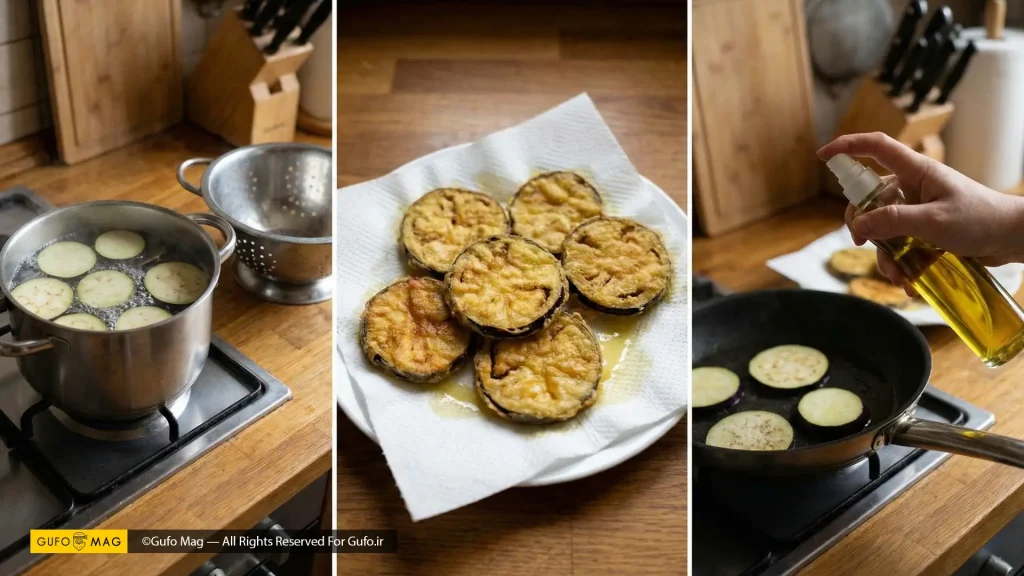 سه ترفند حرفهای برای کاهش روغن شامل آبپز کردن اولیه، استفاده از دستمال جاذب و اسپری روغن