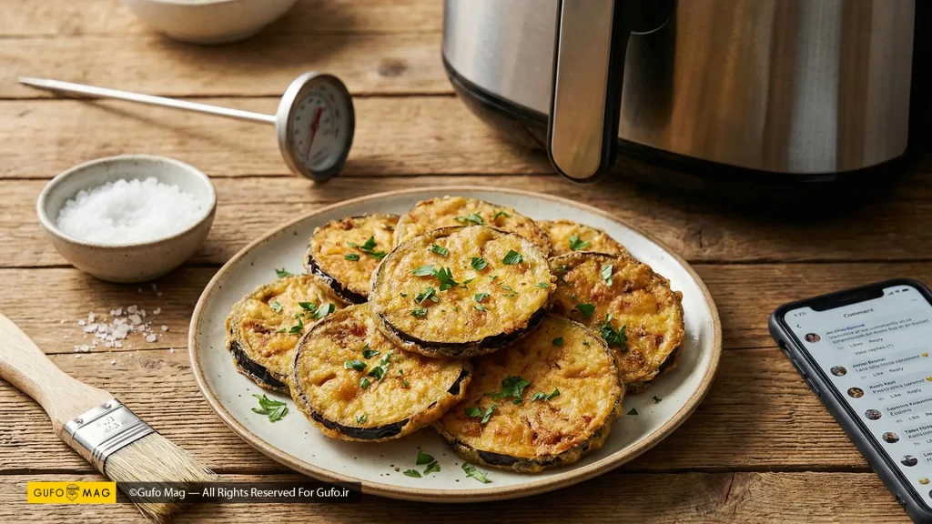 بادمجانهای سرخشده ترد و طلایی رژیمی، آماده برای سرو