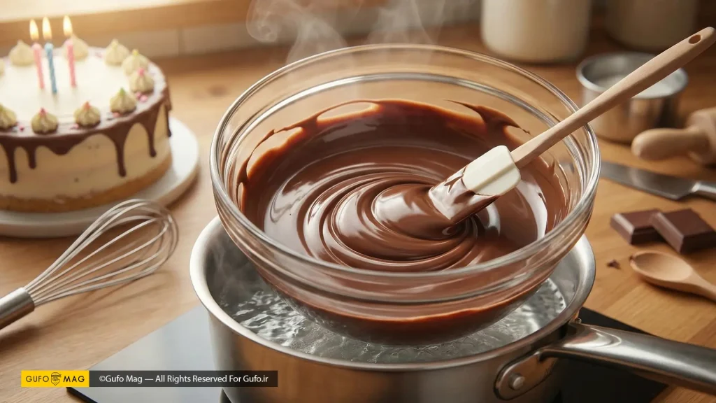 تصویر شکلات ذوبشده براق و روان در کاسه روی روش بنماری در کنار کیک تولد