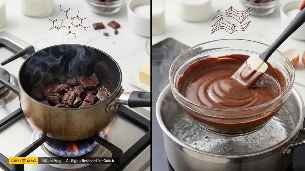 سوختن شکلات روی حرارت مستقیم و ذوب شدن یکنواخت آن به روش بنماری