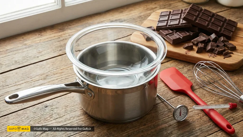 ابزار و مواد ضروری برای ذوب شکلات شامل قابلمه، کاسه پیرکس، لیسک، دماسنج و شکلات تختهای