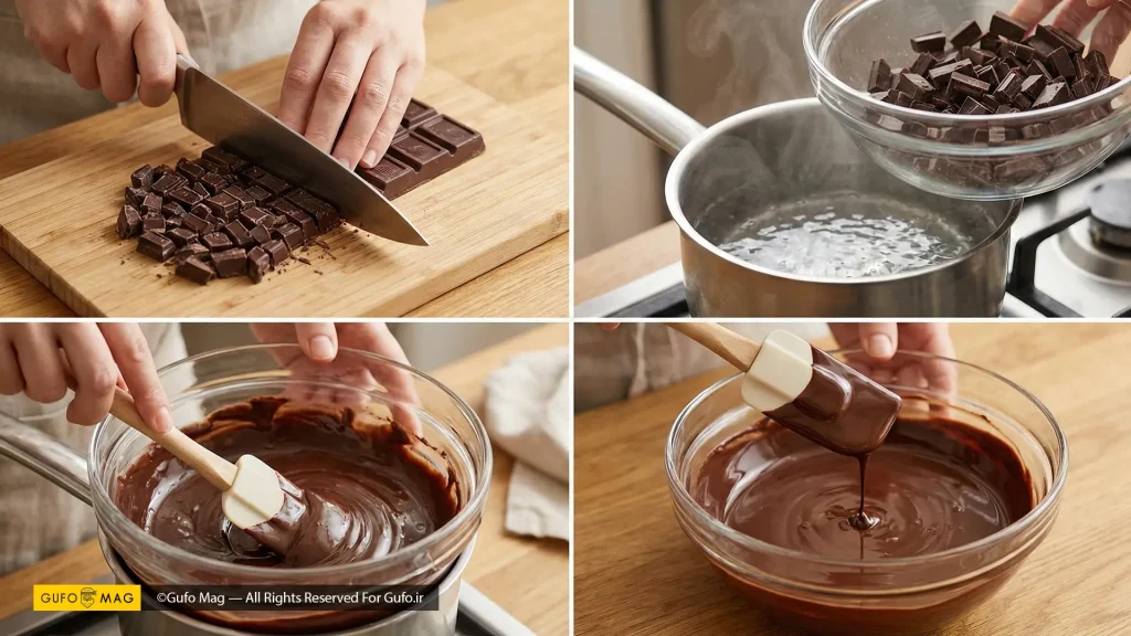 آموزش ذوب کردن شکلات؛ خرد کردن، آمادهسازی آب جوش، هم زدن و نتیجه نهایی