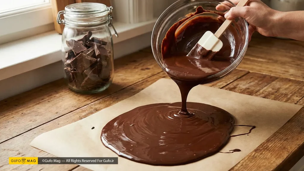 ریختن شکلات ذوبشده اضافی روی کاغذ روغنی جهت سفت شدن و نگهداری مجدد