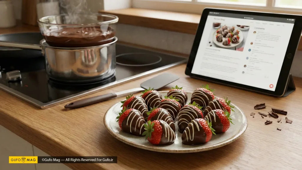 توتفرنگیهای آغشته به شکلات ذوبشده به عنوان نتیجه نهایی کار در کنار تبلت با صفحه دستور پخت