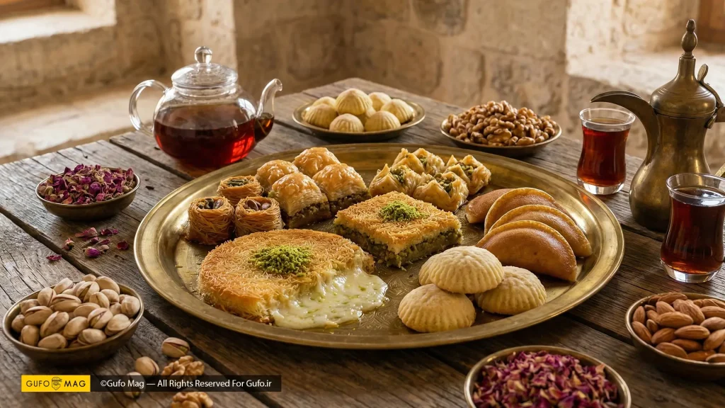 میز پذیرایی سنتی با انواع شیرینیهای اصیل خاورمیانه و چای