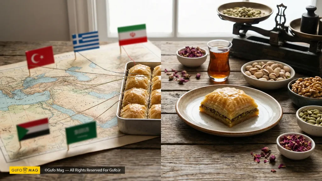 نقشه جغرافیایی خاستگاه باقلوا و نمایش تعادل طعمها در شیرینی اصیل