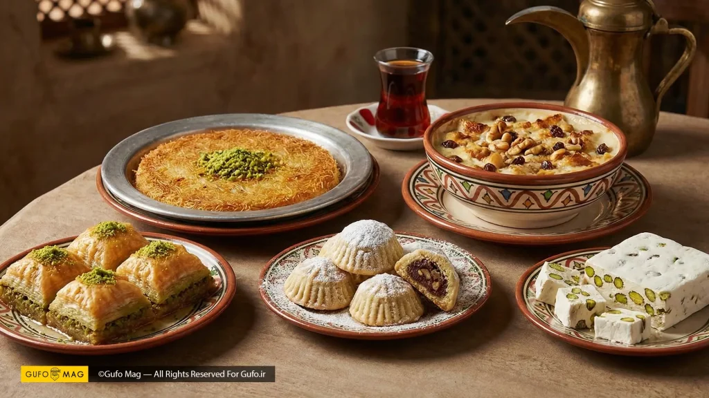 مجموعهای از معروفترین شیرینیهای خاورمیانه شامل کنافه، باقلوا، معمول، امعلی و گز