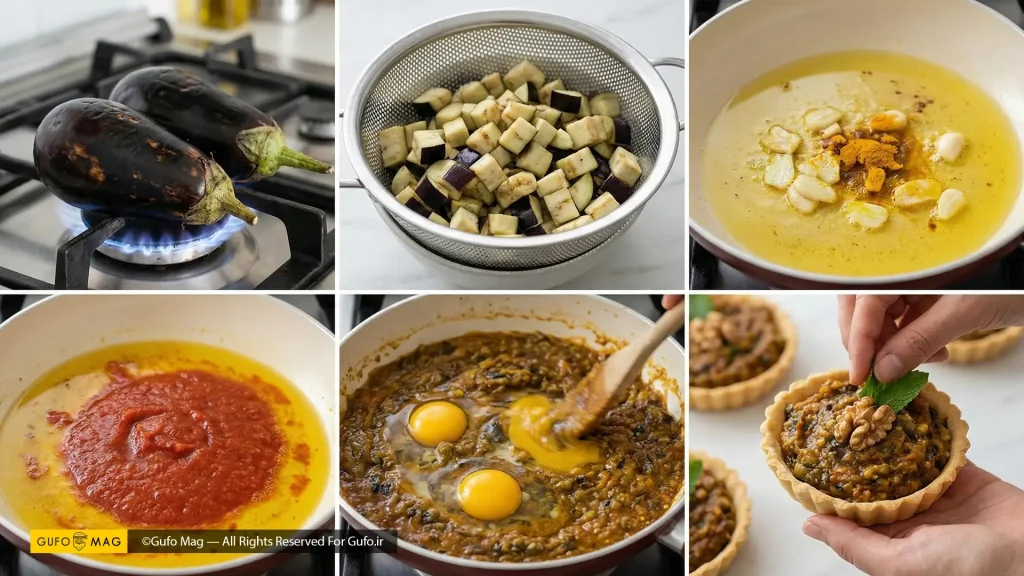 مراحل تهیه تارتلت میرزاقاسمی تفت دادن بادمجان ساطوری و گوجه برای تهیه مایه غلیظ و بدون آب تارتلت