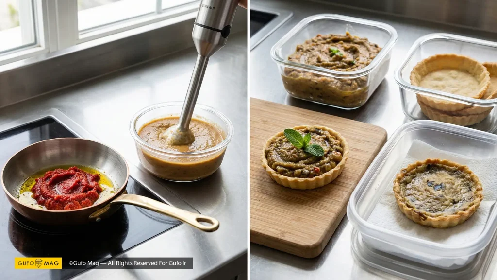 نمای نزدیک از بافت منسجم و خوش‌رنگ میرزاقاسمی داخل نان تارت ترد