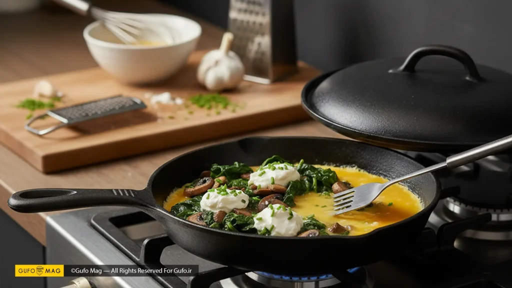 مواد لازم برای تهیه املت قارچ و اسفناج با پنیر خامه‌ای