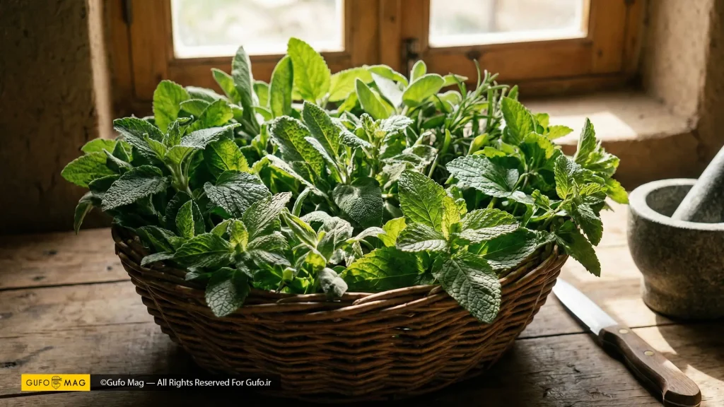سبد حصیری پر از سبزی‌های معطر شمالی و هاون سنگی کنار پنجره قدیمی