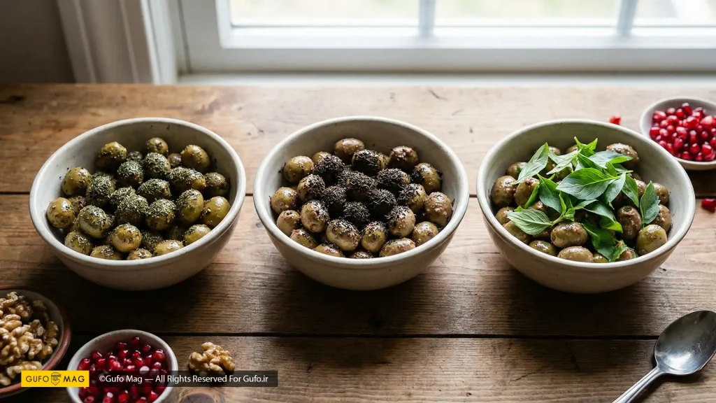 مقایسه سه کاسه زیتون پرورده تهیه‌شده با سبزی خشک، سابیده و تازه