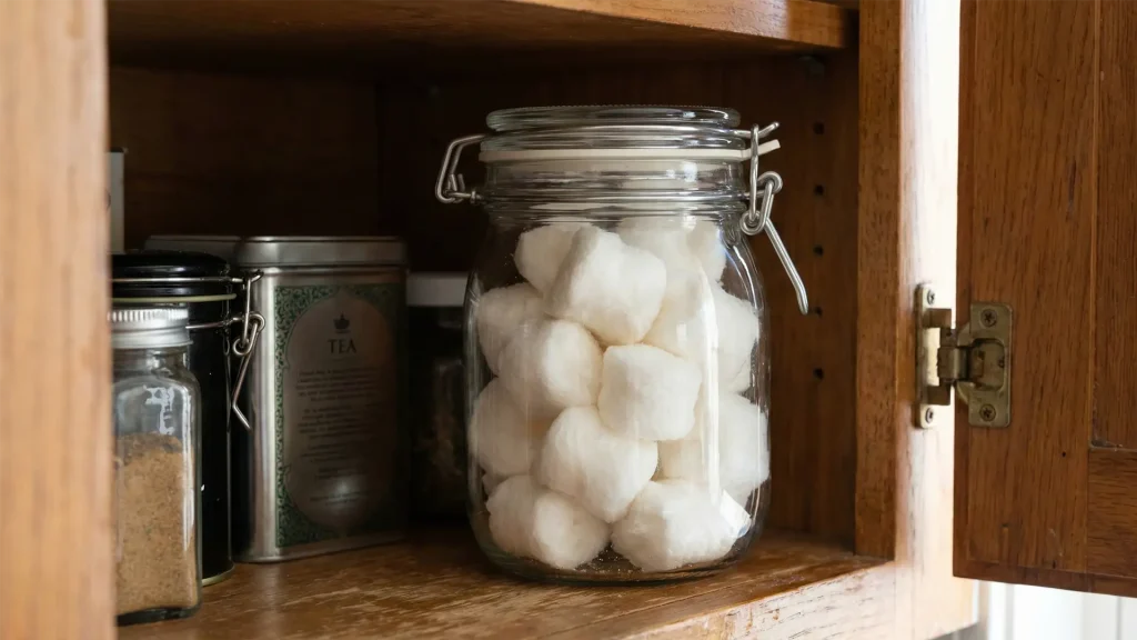 نگهداری پشمک لقمه‌ای آماده شده در ظرف شیشه‌ای درب‌دار