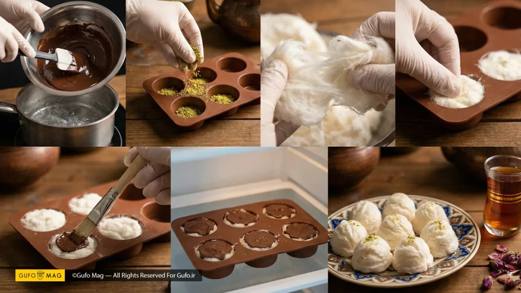  مرحله‌به‌مرحله ساخت پشمک لقمه‌ای با قالب سیلیکونی و روکش شکلات
