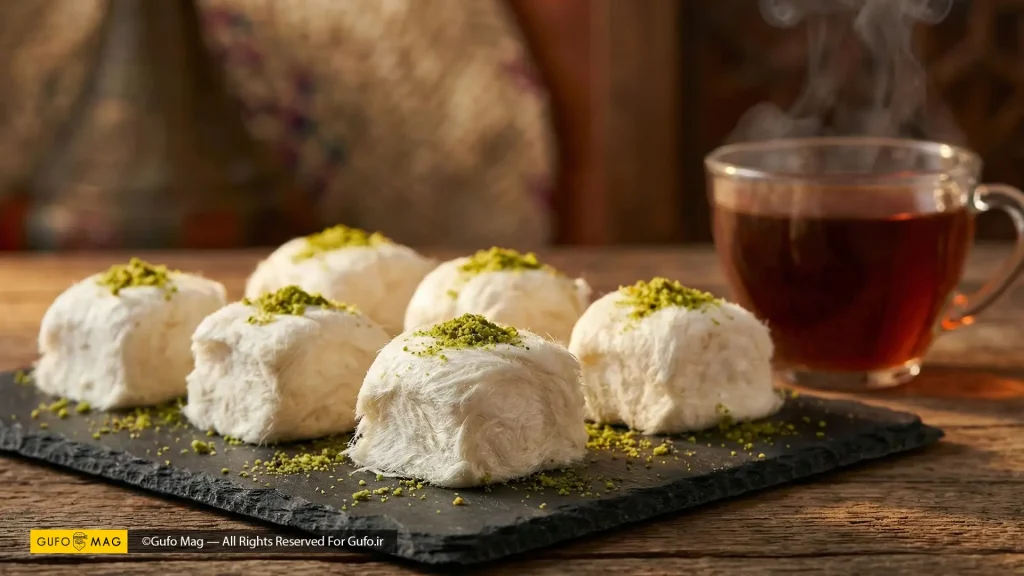 پشمک‌های فرم‌گرفته با تزیین پسته روی سینی سنگی تیره کنار چای داغ