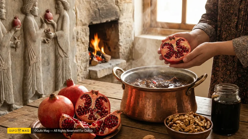 آشپزی سنتی با انار در فضایی روستایی با پسزمینه نقشبرجسته تاریخی