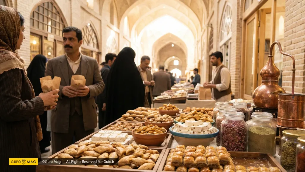 نمایی از یک بازار سنتی دوران صفوی و غرفه فروش شیرینی‌های اصیل ایرانی
