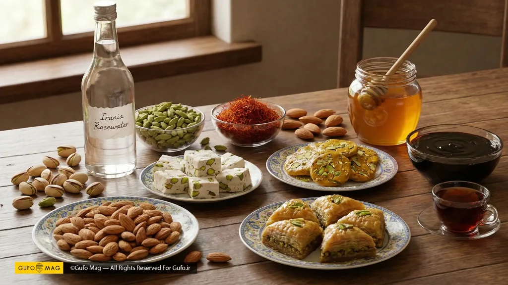 چیدمان مواد اولیه اصلی شیرینی سنتی ایران: گلاب، زعفران، هل و مغزیجات