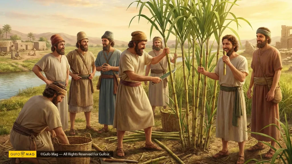 تصویرسازی تاریخی از کشف و چشیدن طعم نیشکر توسط ایرانیان باستان