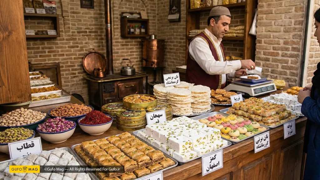نمایش تنوع شیرینی‌های سنتی شهرهای مختلف ایران مانند گز، سوهان و قطاب در یک قنادی