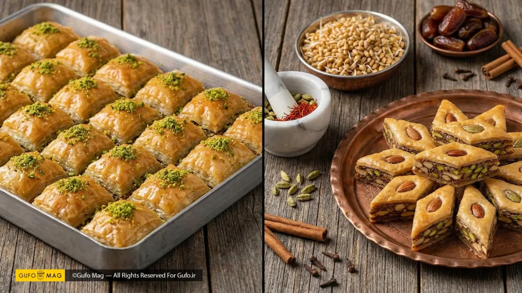 تفاوت ظاهری باقلوای پرشهد استانبولی و باقلوای خشک و متراکم یزدی 