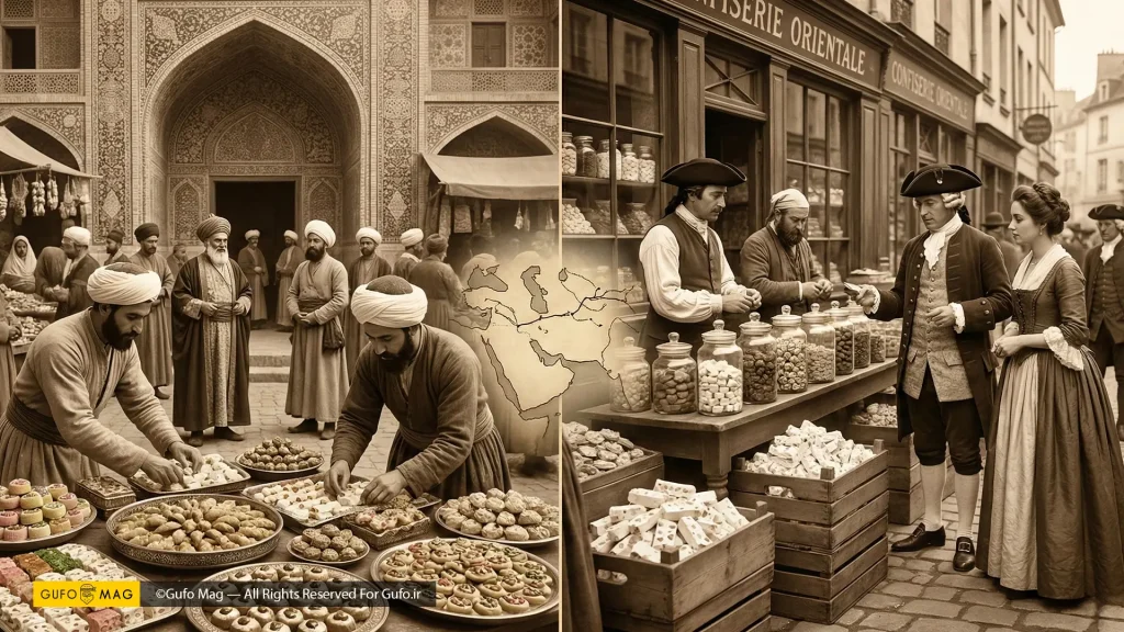 تصویرسازی تاریخی دوپاره از سفر شیرینی‌های ایرانی از بازارهای دوران صفوی به مغازه‌های اروپا