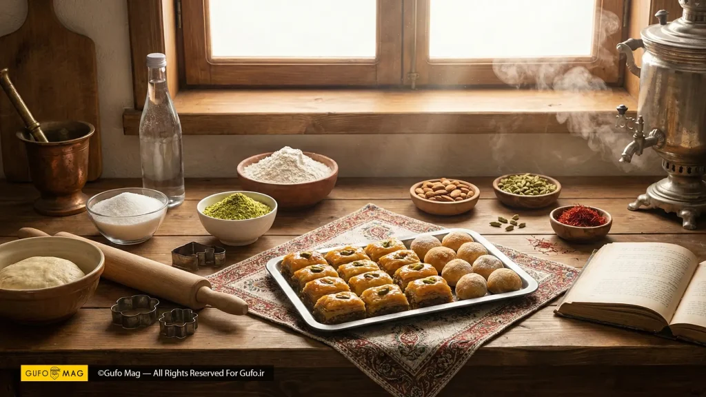  آشپزخانه خانگی آماده برای پخت شیرینی‌های سنتی ایرانی