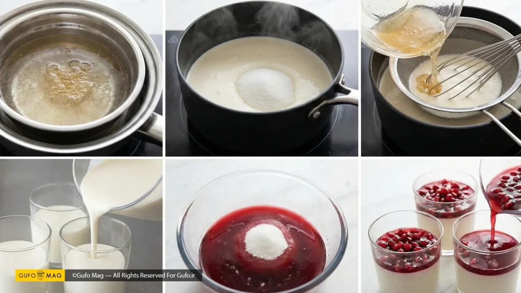 مراحل گامبهگام پخت و آمادهسازی دسر پاناکوتای انار