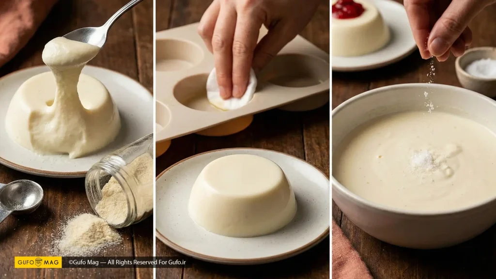 چرب کردن قالب و افزودن نمک به مایه پاناکوتا