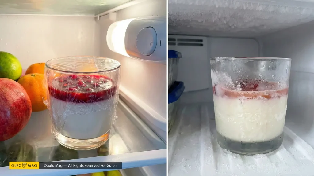 تصویر مقایسهای نگهداری صحیح پاناکوتا در یخچال (چپ) و بافت خراب شده آن در فریزر (راست)