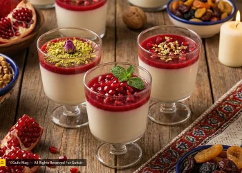 چیدمان دسر پاناکوتای انار تزیین شده روی میز پذیرایی شب یلدا