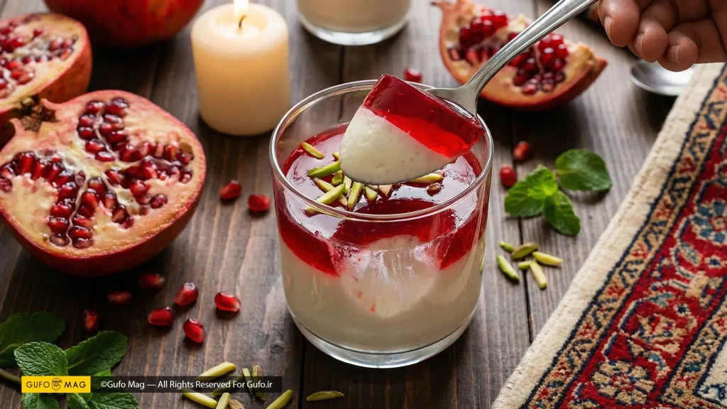 سرو دسر پاناکوتای انار دو لایه در فضایی گرم و یلدایی