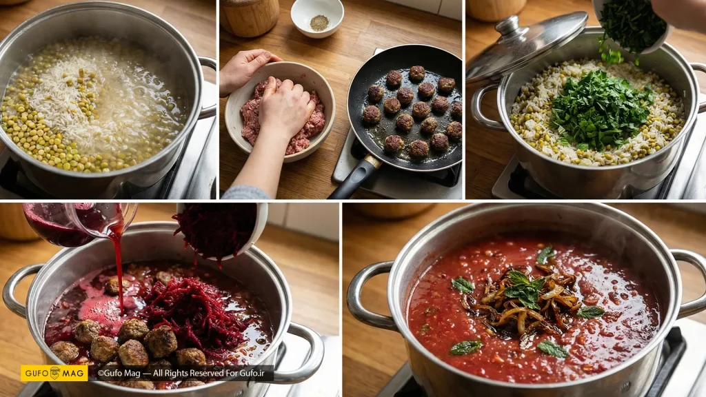 نمای نزدیک از بافت مخملی و جا افتاده آش انار خانگی در حال سرو