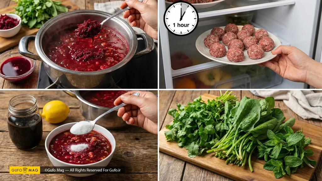 تزیین حرفه‌ای آش با نعناع داغ، پیاز داغ و دانه‌های یاقوتی انار