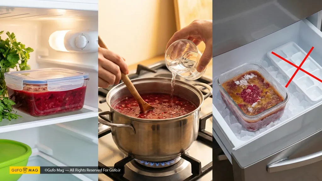 سرو آش انار سنتی و خوش‌رنگ در ظرف سفالی همراه با نان تازه