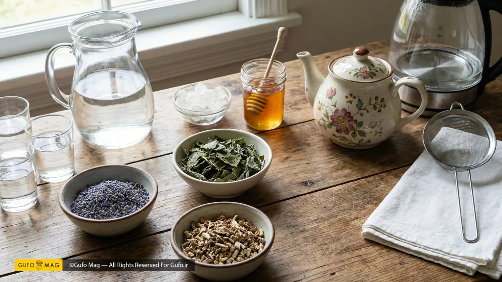 مواد لازم برای تهیه دمنوش شامل گیاهان خشک (اسطوخودوس، بادرنجبویه، سنبلالطیب)، آب، عسل و تجهیزات