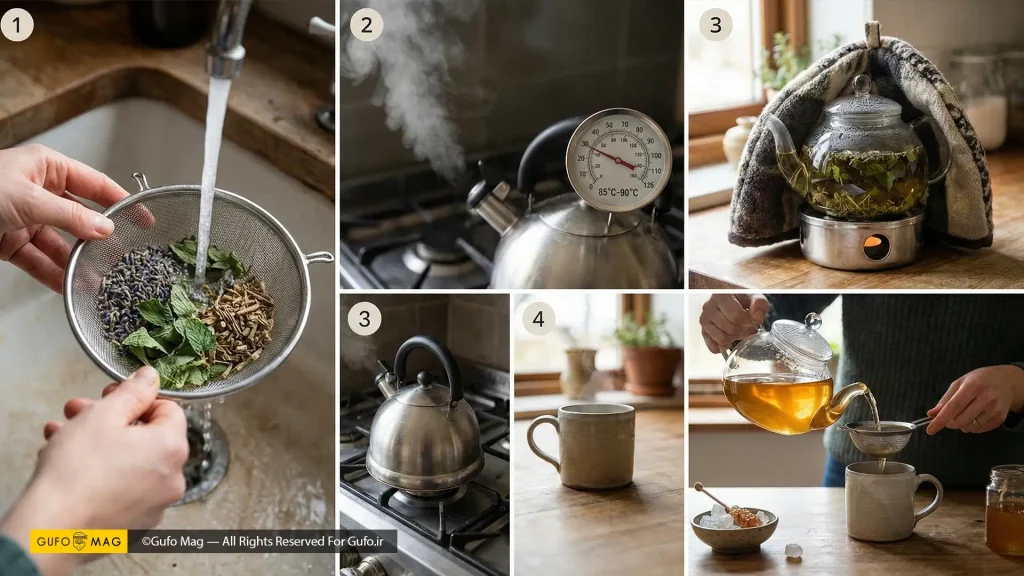 مراحل تهیه دمنوش شامل شستن گیاهان، تنظیم دمای آب، دمکردن و صاف کردن نهایی